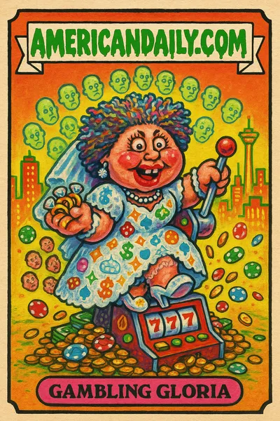 A grotesque caricature of a woman with wedding rings and slot machine lever, surrounded by ghostly ex-husbands, atop chaotic slot machines in Vegas.