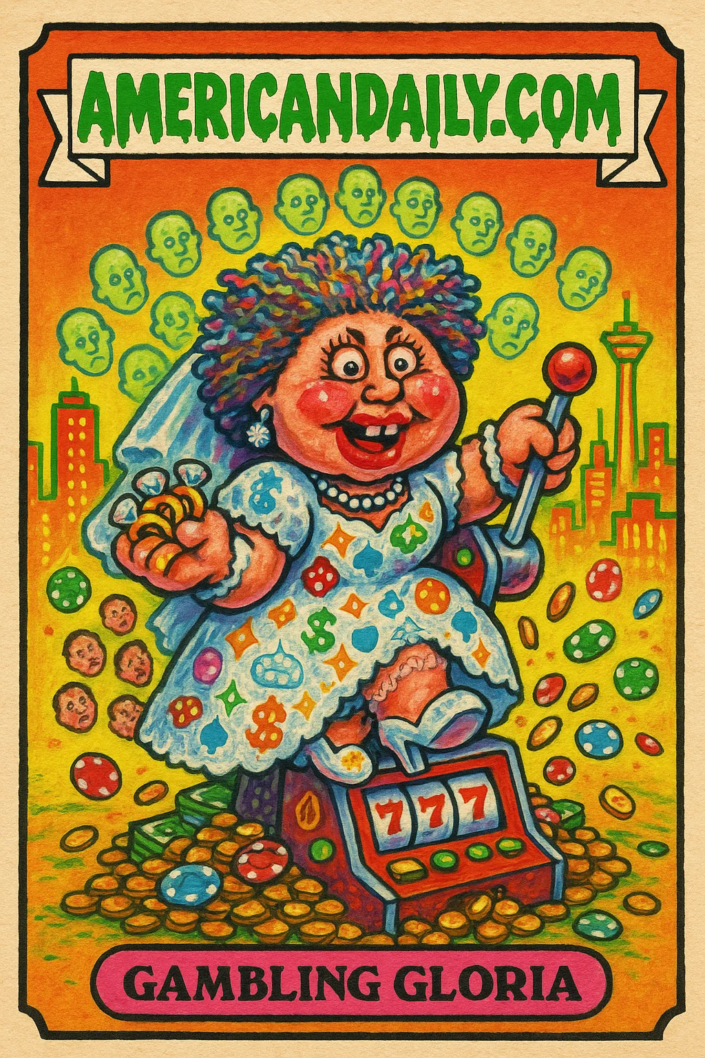 A grotesque caricature of a woman with wedding rings and slot machine lever, surrounded by ghostly ex-husbands, atop chaotic slot machines in Vegas.
