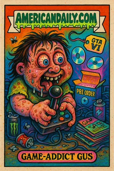 Trading card of a crazed gamer with a massive head, bulging eyes, gripping a joystick with an open pre-order box for GTA VI.