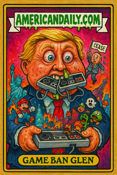 A grotesque political figure holds a chaotic game console, spewing video game characters in wild disorder over global landmarks.