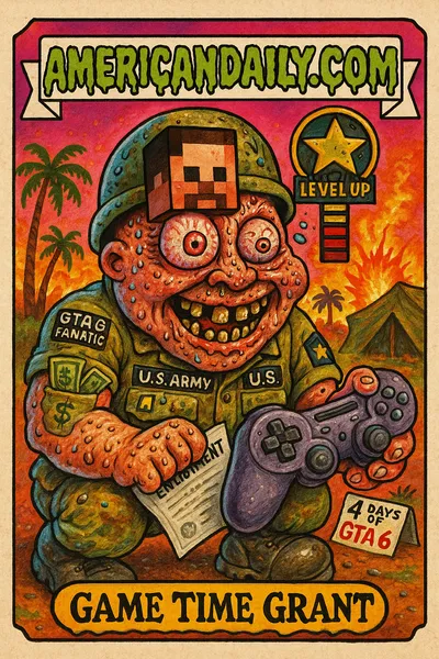 A grotesque cartoon of an army soldier obsessed with gaming, holding a game controller and enlistment papers with a calendar marked '4 DAYS OF GTA 6'.