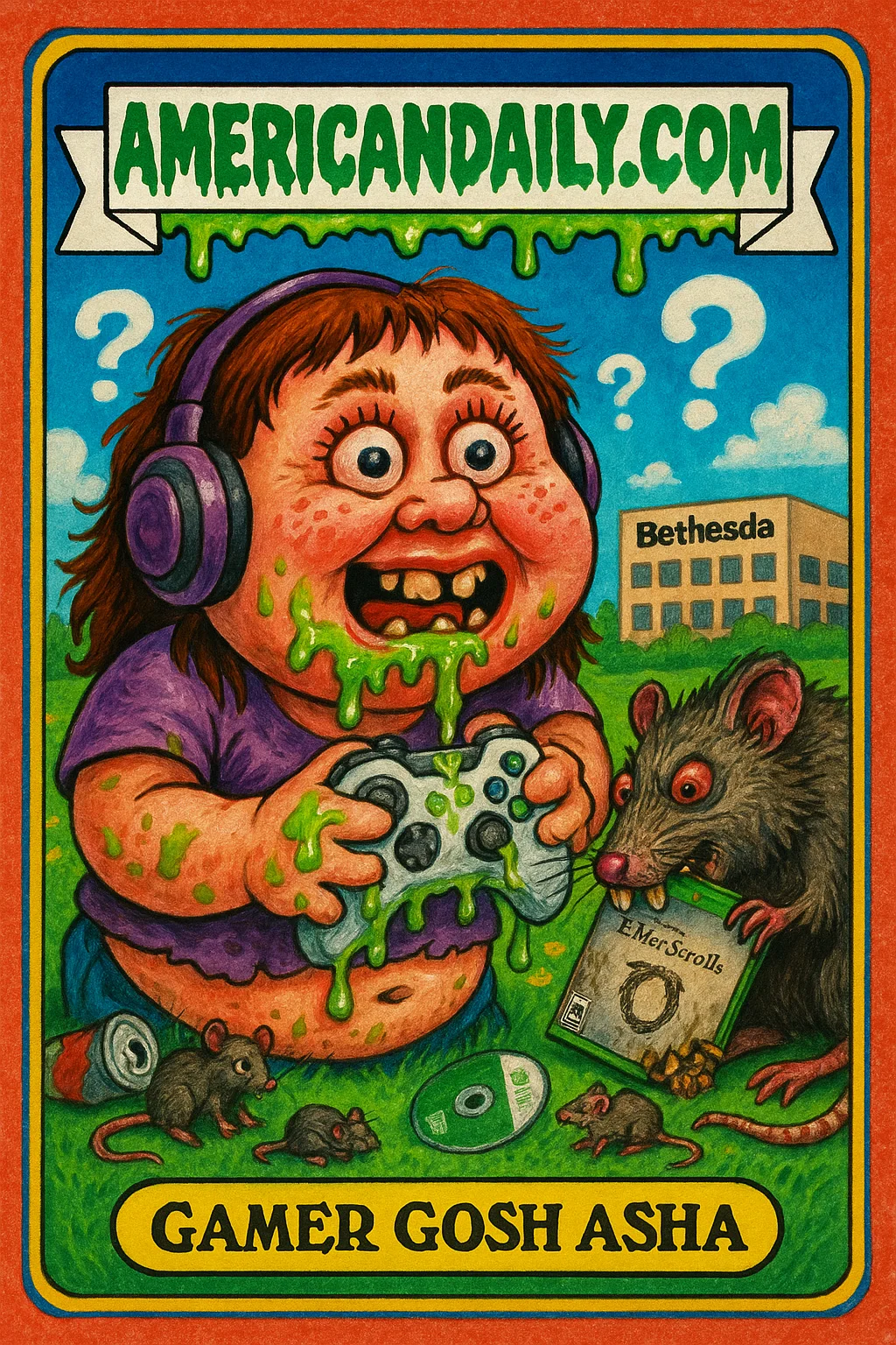 A grotesque caricature of Xbox CEO Asha Sharma holding a slimy Xbox controller, oblivious to a giant rat gnawing on an Elder Scrolls case beside her.
