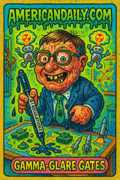 A grotesque caricature of Bill Gates juggling AI robots with nuclear warheads for heads, comic steam from his ears in a Cold War setting.