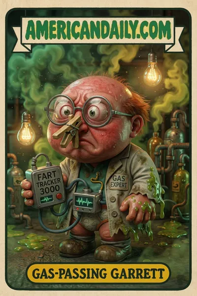 A grotesque scientist holding a 'Fart Tracker 3000' with plugged nose and smart underwear, amidst green gas clouds and a messy lab. — 3D version