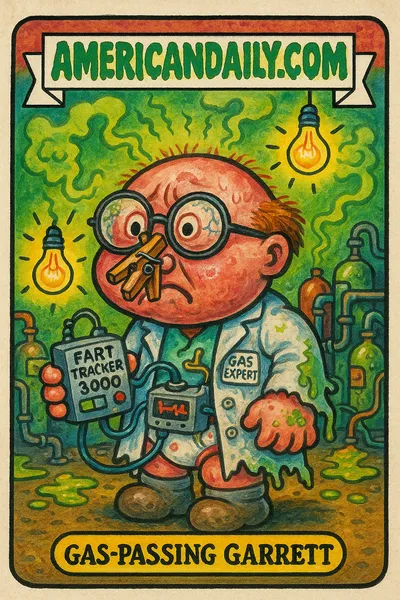 A grotesque scientist holding a 'Fart Tracker 3000' with plugged nose and smart underwear, amidst green gas clouds and a messy lab.