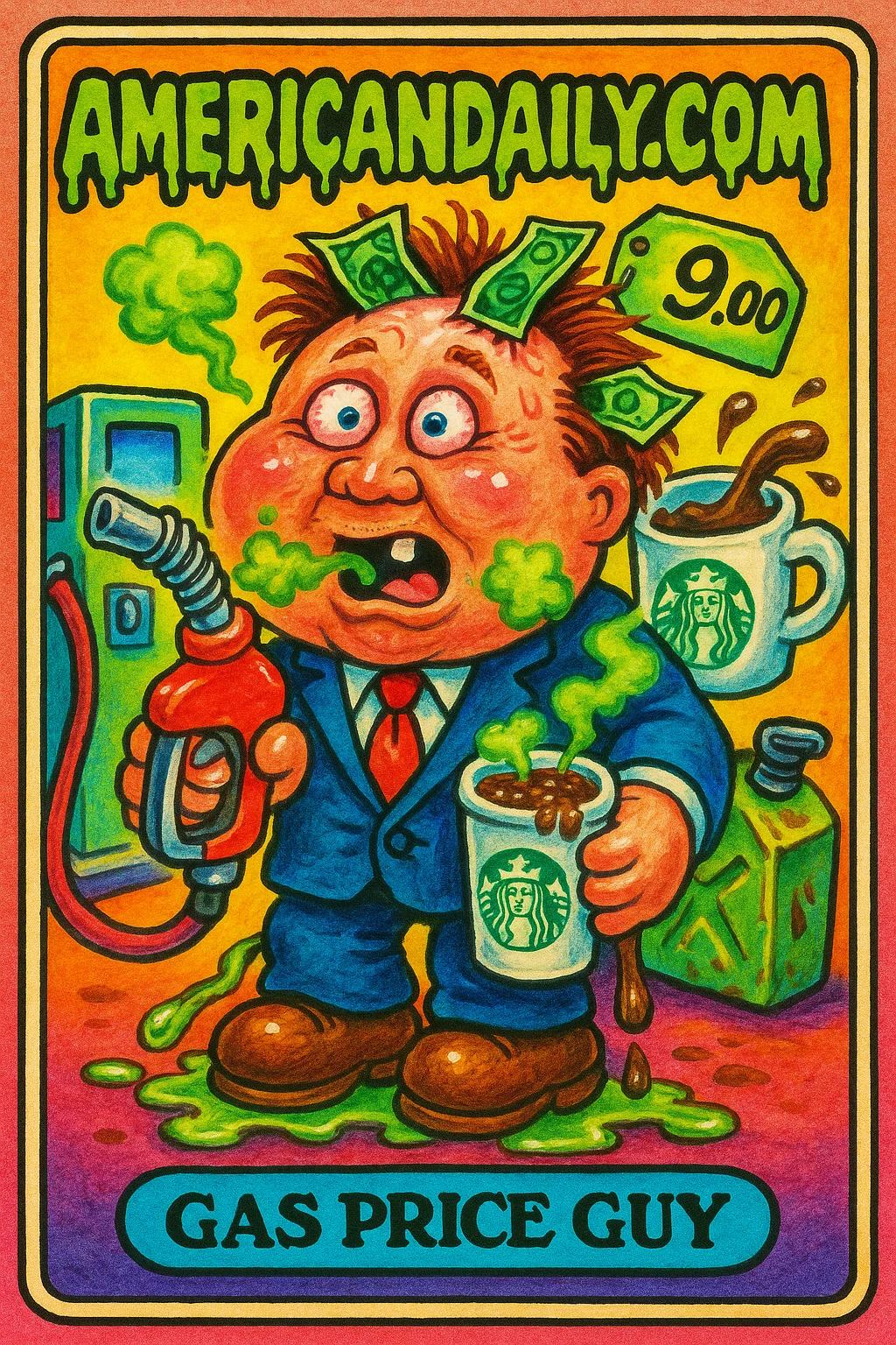 Garbage Pail Kids-style card of a grotesque politician holding a gas nozzle and overflowing Starbucks cup, with ridiculous features and expressions.