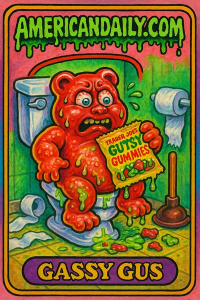 A comically grotesque character, resembling a gummy bear, is stuck in a toilet with a pained expression, clutching a bag labeled 'Trader Joe's Gutsy Gummies'.