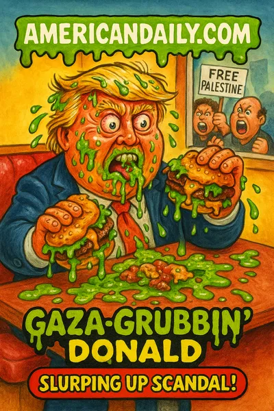 Cartoon parody of Donald Trump eating burgers dripping with slime as protesters outside a diner window wave 'Free Palestine' signs. Banner reads 'AMERICANDAILY.COM' and bottom text says 'Gaza-Grubbin' Donald.'