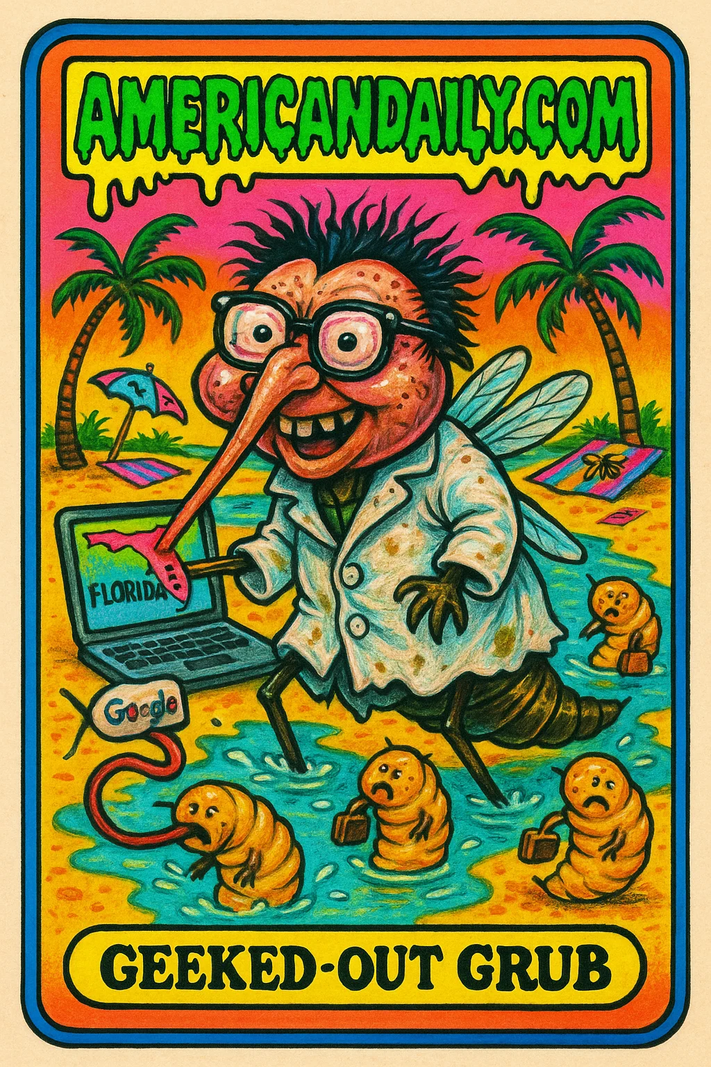 A satirical cartoon of a grotesque mosquito scientist on a Florida beach, featuring oversized glasses, a Google-branded proboscis, and larvae with briefcases.
