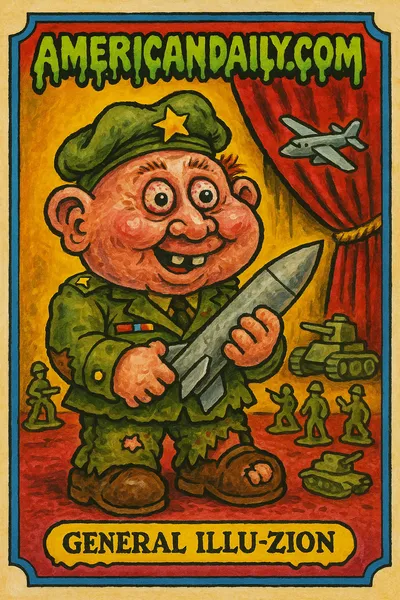 A grotesque military 'wizard', cartoonishly depicted holding a fake missile, with fake army props behind him, embody a Wizard of Oz illusion.