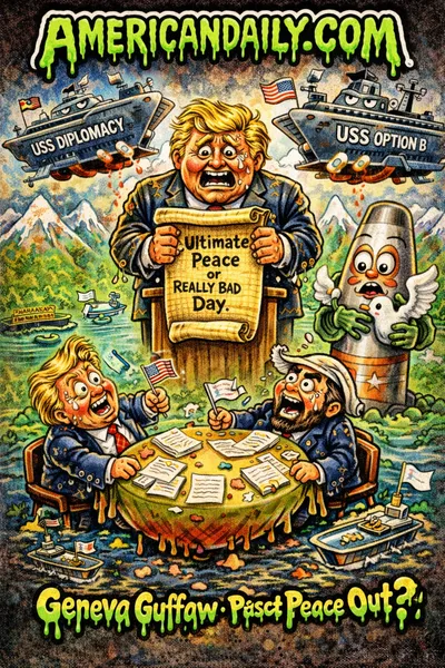Cartoon parody trading card showing caricatured diplomats, warships, and missiles surrounding a Geneva talks table with glazed eyes and frantic expressions.