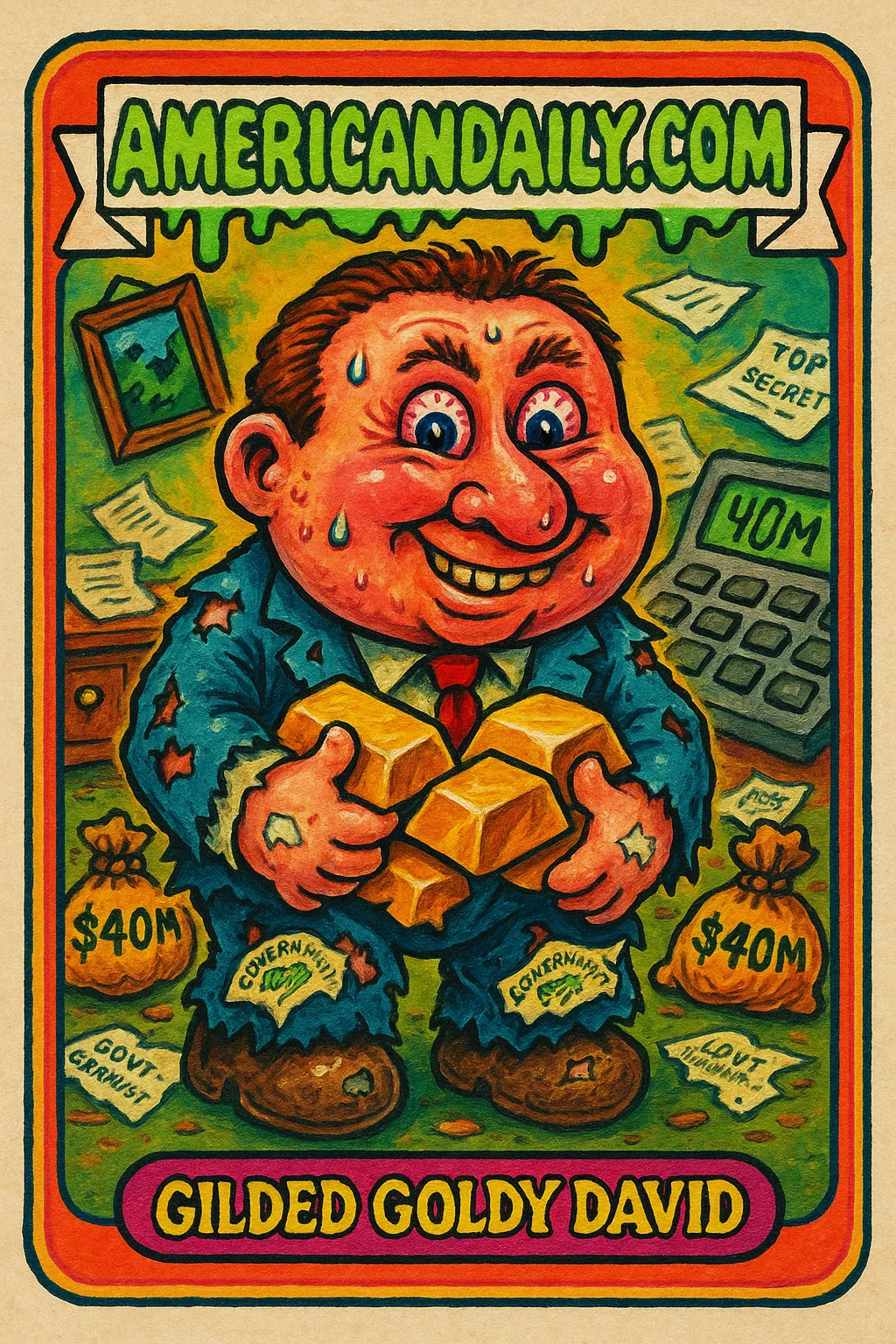 A grotesque cartoon of David Rush holding oversized gold bars in a messy office, surrounded by paper chaos and dollar bills.