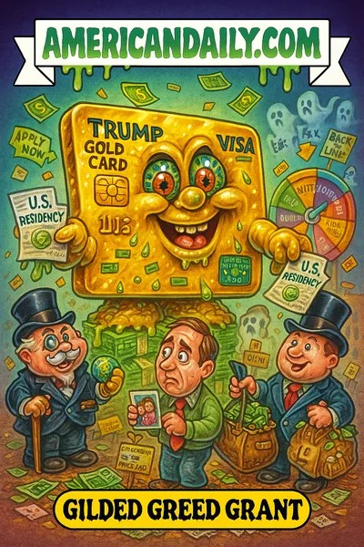 A grotesque cartoon of a giant golden credit card creature hording dollar bills and beckoning rich immigrants holding oversized suitcases full of cash, satirizing Trump's $1 million Gold Card visa program.