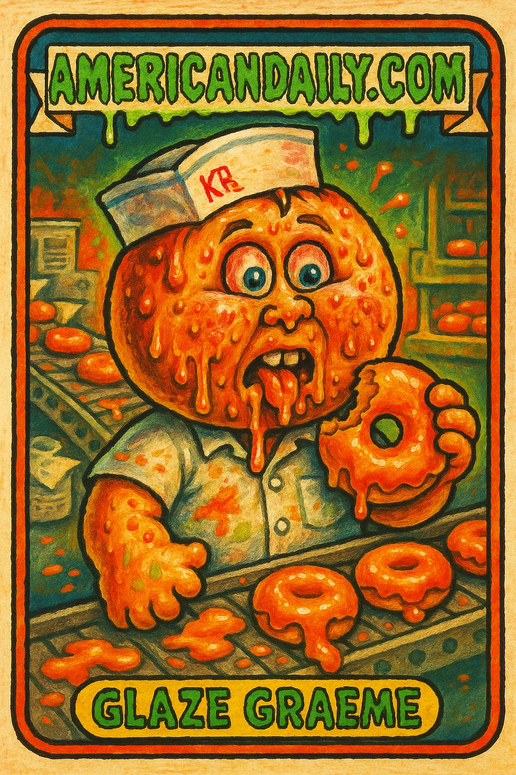 A trading card shows 'Glaze Graeme', an exaggerated doughnut boy with a Krispy Kreme head, messy face and uniform, holding an orange dreamsicle doughnut.