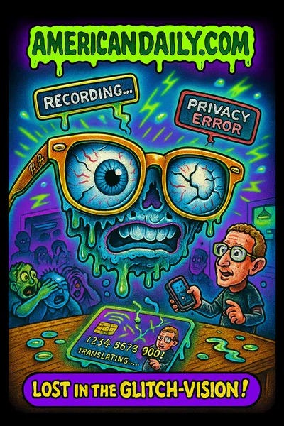 Parody trading card of Ray-Ban smart glasses with cracked lenses dripping slime, AR messages projecting, Zuckerberg struggling with remote, onlookers shielding, banner AMERICANDAILY.COM, caption Lost in the Glitch-Vision!