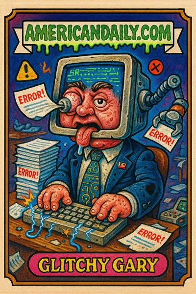 A trading card depicting 'Glitchy Gary', a congressman with a computer monitor head, surrounded by error-filled AI bills and malfunctioning tech in a chaotic office setting.
