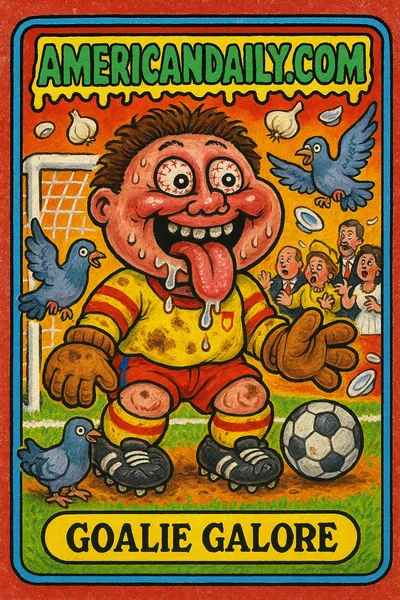 A satirical trading card showing 'Goalie Galore,' a grotesque soccer player with a massive head, running crazily with a deflated trophy. Bizarre Spanish celebration details in the background.