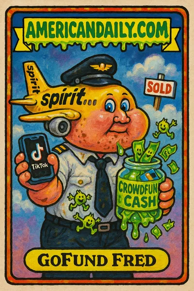 A grotesque character with a head like a Spirit Airlines plane, holding a TikTok phone and a jar of cash, surrounded by flying dollar bills.