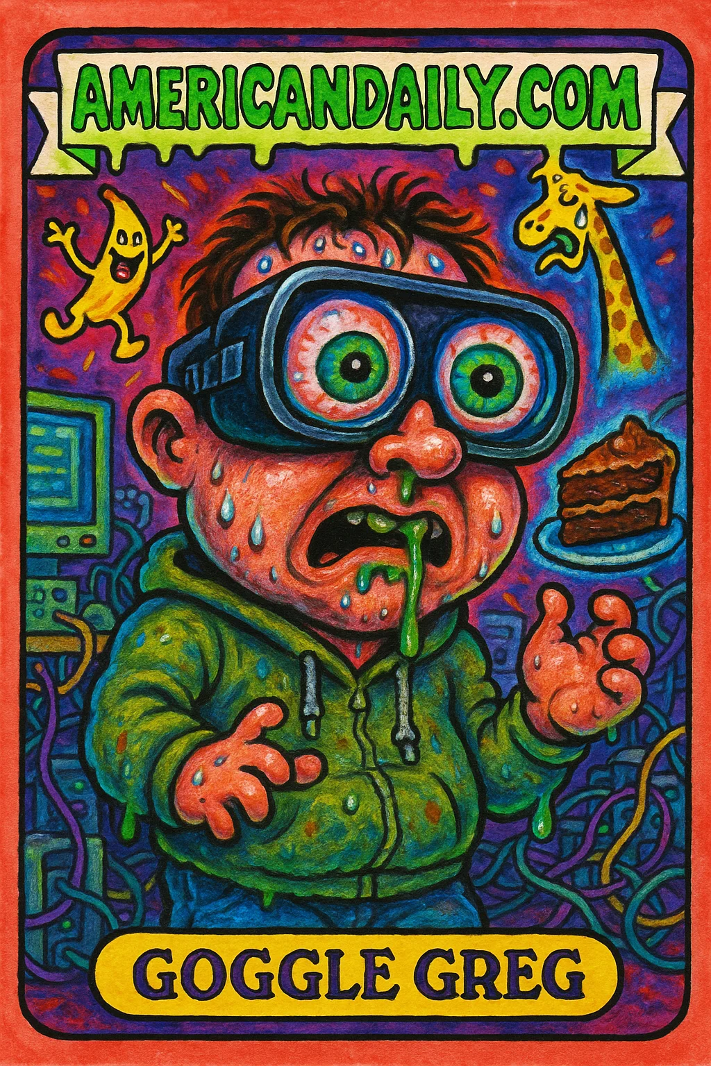 A grotesque character wearing massive VR glasses with exaggerated features, surrounded by outlandish holograms and cluttered tech gadgets.