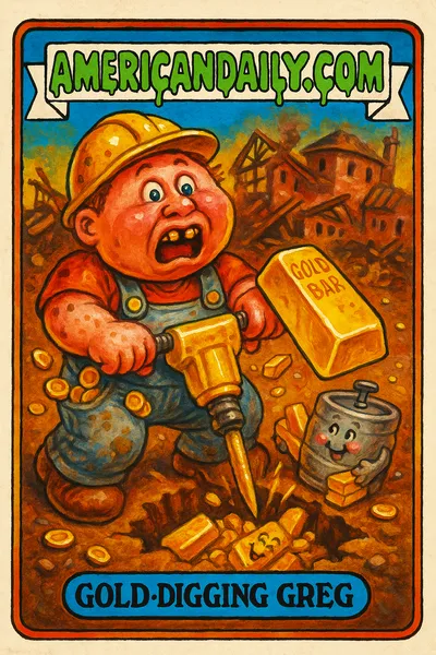 A Garbage Pail Kids-style card features 'Gold-Digging Greg', a wide-eyed construction worker holding a gold bar, spilling coins, with a grinning beer keg in a crumbling brewery.