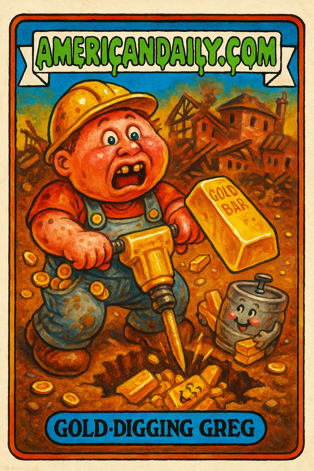 A Garbage Pail Kids-style card features 'Gold-Digging Greg', a wide-eyed construction worker holding a gold bar, spilling coins, with a grinning beer keg in a crumbling brewery.