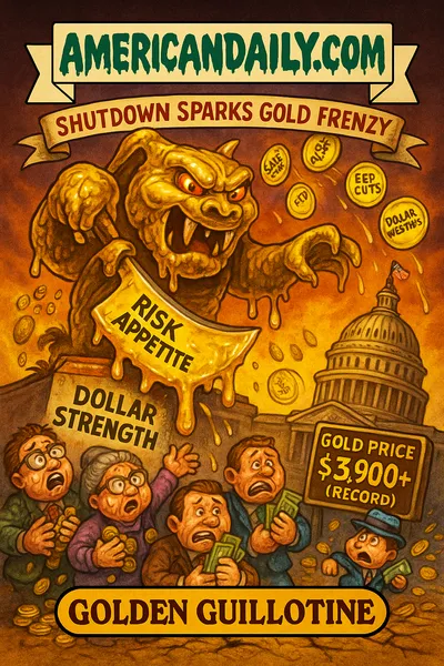 Parody trading card: a monstrous golden beast wields a dripping gold axe above the Capitol, slicing through "Risk Appetite," "Dollar Strength," "Equity Confidence." Below, panicked investors and workers clutch coins. Coin meteors labeled "Safe Haven," "Fed Cuts," "Dollar Weakness" rain down. A scoreboard shows "Gold Price: $3,900+ (Record)." Top banner reads "AMERICANDAILY.COM," bottom caption area blank.