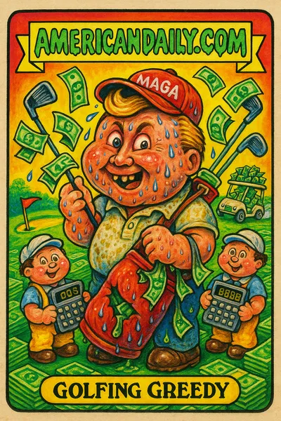 A grotesque cartoon of Trump titled 'Golfing Greedy,' with exaggerated features, juggling cash-shaped golf clubs, surrounded by a money-made golf course.