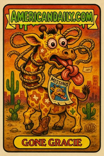 Grotesque trading card showing a disoriented giraffe with a knotted tongue and twisted neck tangled in ropes, against a chaotic Texas backdrop.
