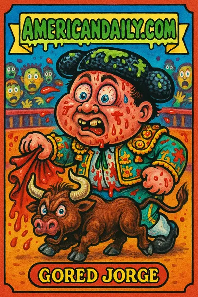 A grotesque cartoon matador, 'Gored Jorge', fends off a crazed bull in an absurdly chaotic bullring.