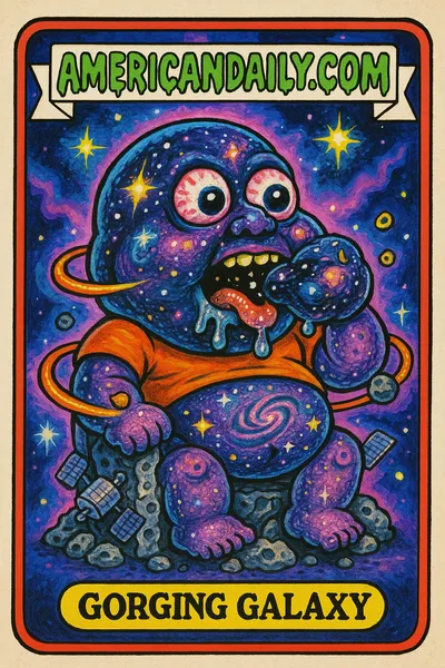 A grossly exaggerated galaxy character with a swirling galaxy head and mouth full of stars, pulling small galaxies into its belly on a space throne, cosmic background.