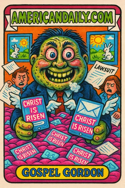 A Garbage Pail Kids-style card featuring 'Gospel Gordon,' a grotesquely exaggerated USDA Secretary drowning in neon pink 'Christ Is Risen' emails, with lawsuit papers flying around.