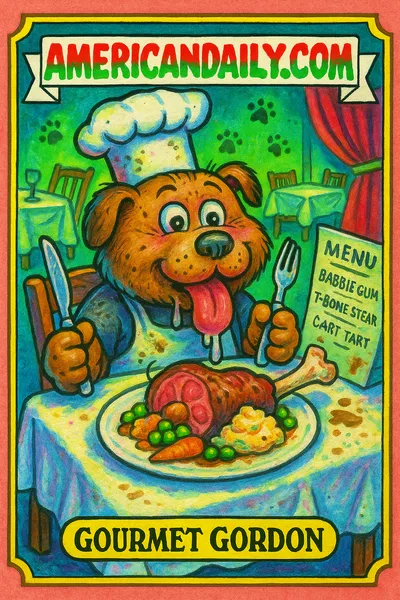 A comical dog food critic at a messy dining table with a chef's hat and exaggerated features, surrounded by comedic chaos in a posh restaurant.