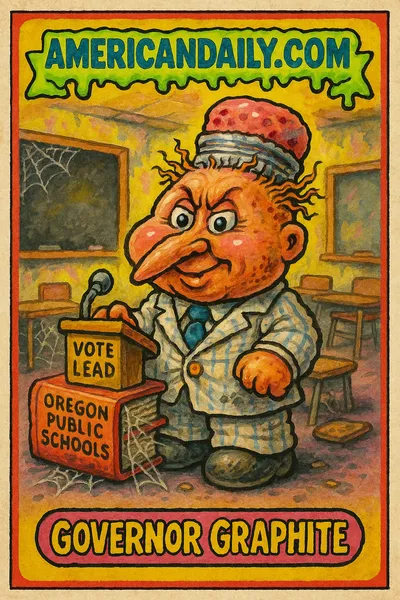 A trading card featuring a grotesque pencil character for Oregon governor, amidst a neglected classroom setting.