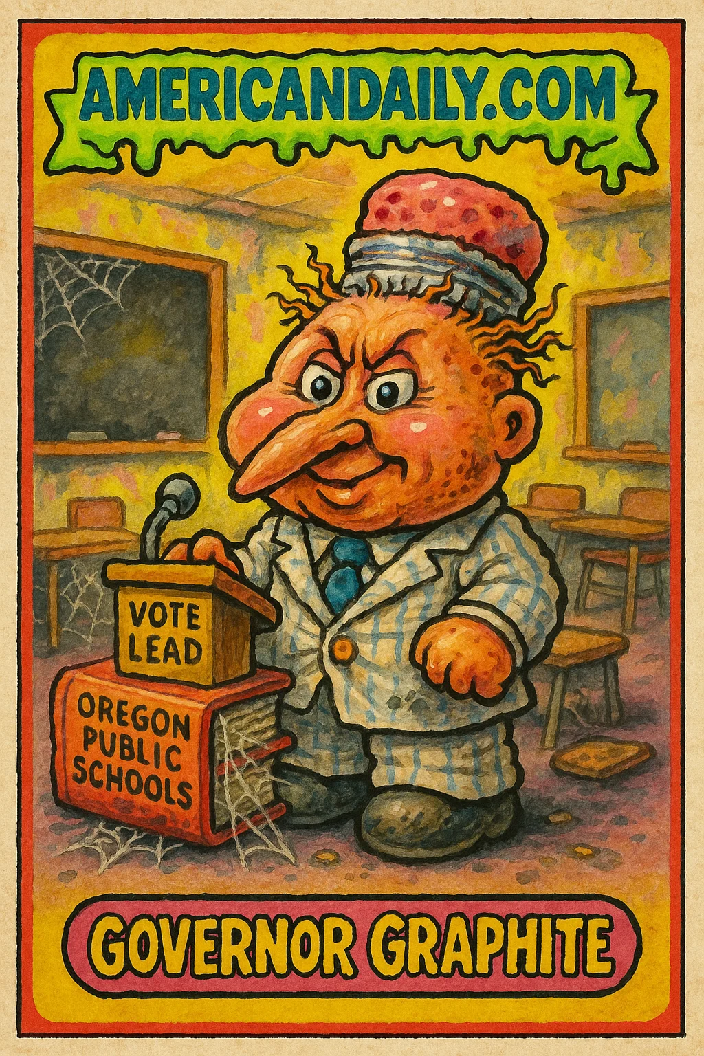 A trading card featuring a grotesque pencil character for Oregon governor, amidst a neglected classroom setting.