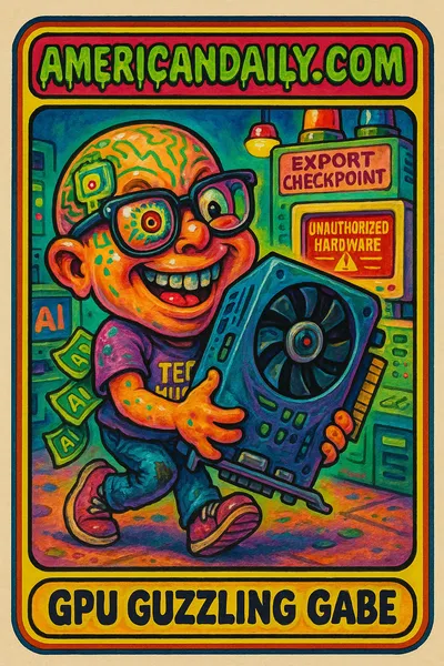 Grotesque trading card illustration featuring GPU Guzzling Gabe with exaggerated features and a massive GPU, highlighting technology smuggling.