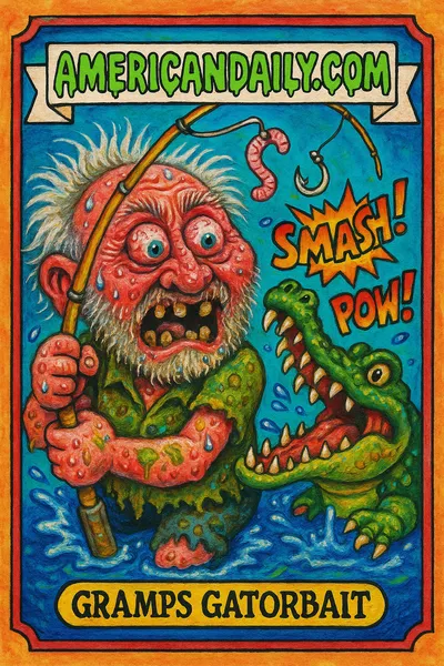 A grotesque cartoon of an old man with wild hair fighting an alligator with a fishing pole, exaggerated and comically ugly in style.