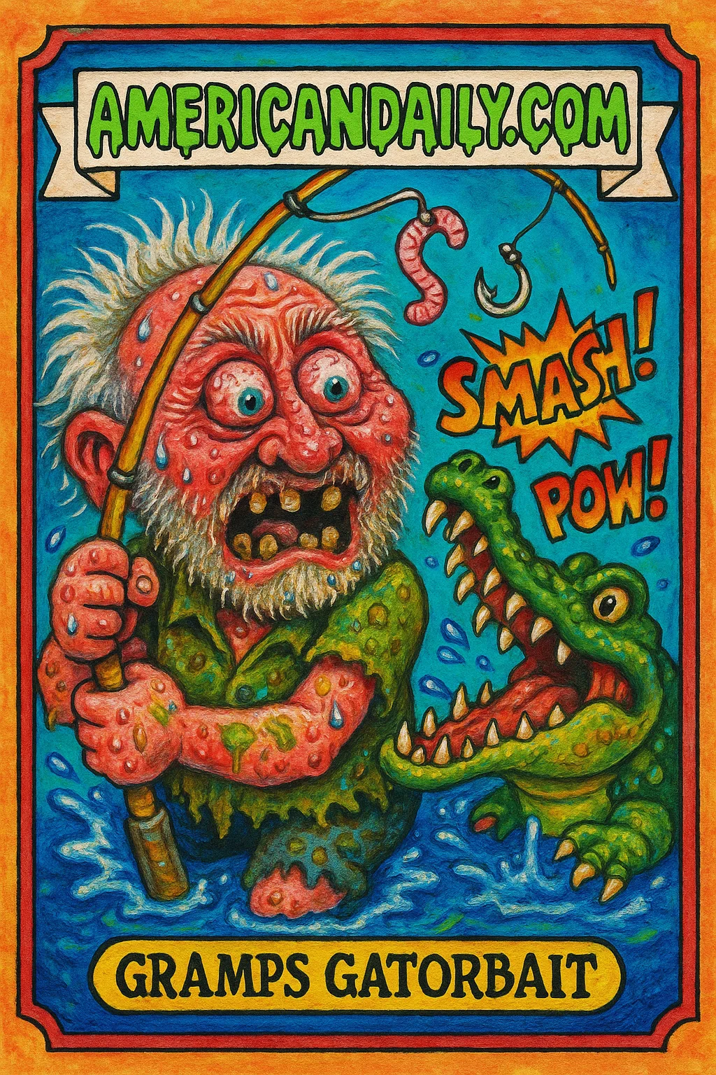A grotesque cartoon of an old man with wild hair fighting an alligator with a fishing pole, exaggerated and comically ugly in style.