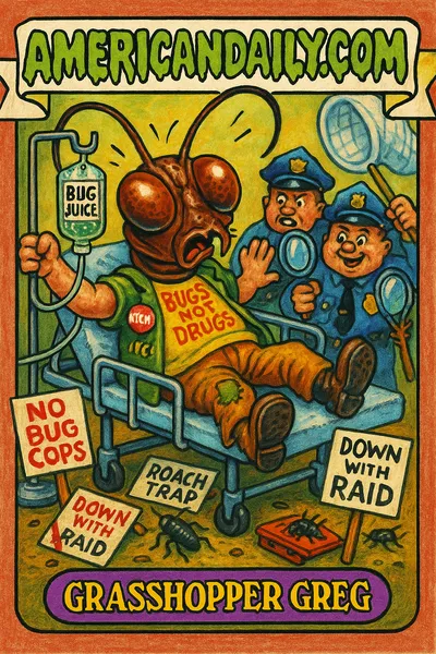 A satirical trading card depicting a Cockroach Party activist as a cockroach-human hybrid on a hospital gurney, with bug-catching policemen.