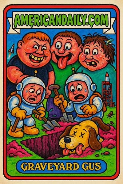 A grotesque trio forcing confused space engineers to dig an oversized dog's grave at a cartoon launch site. Banner reads 'AMERICANDAILY.COM' at the top and 'Graveyard Gus' at the bottom.