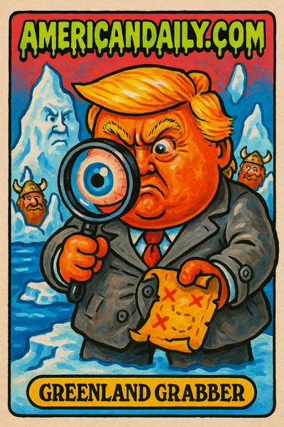 Greenland Grabber, a grotesque Trump-like figure, bungling a 'covert operation' in Greenland with exaggerated spy props and absurd iceberg details.