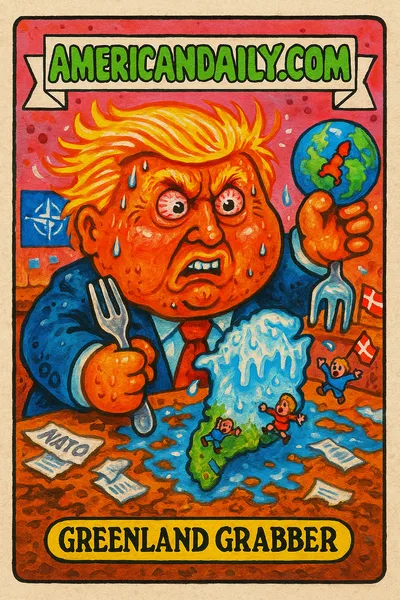 Grotesque caricature of Trump as 'Greenland Grabber', clutching a miniature Greenland in a chaotic NATO room. Bright colors and exaggerated features.