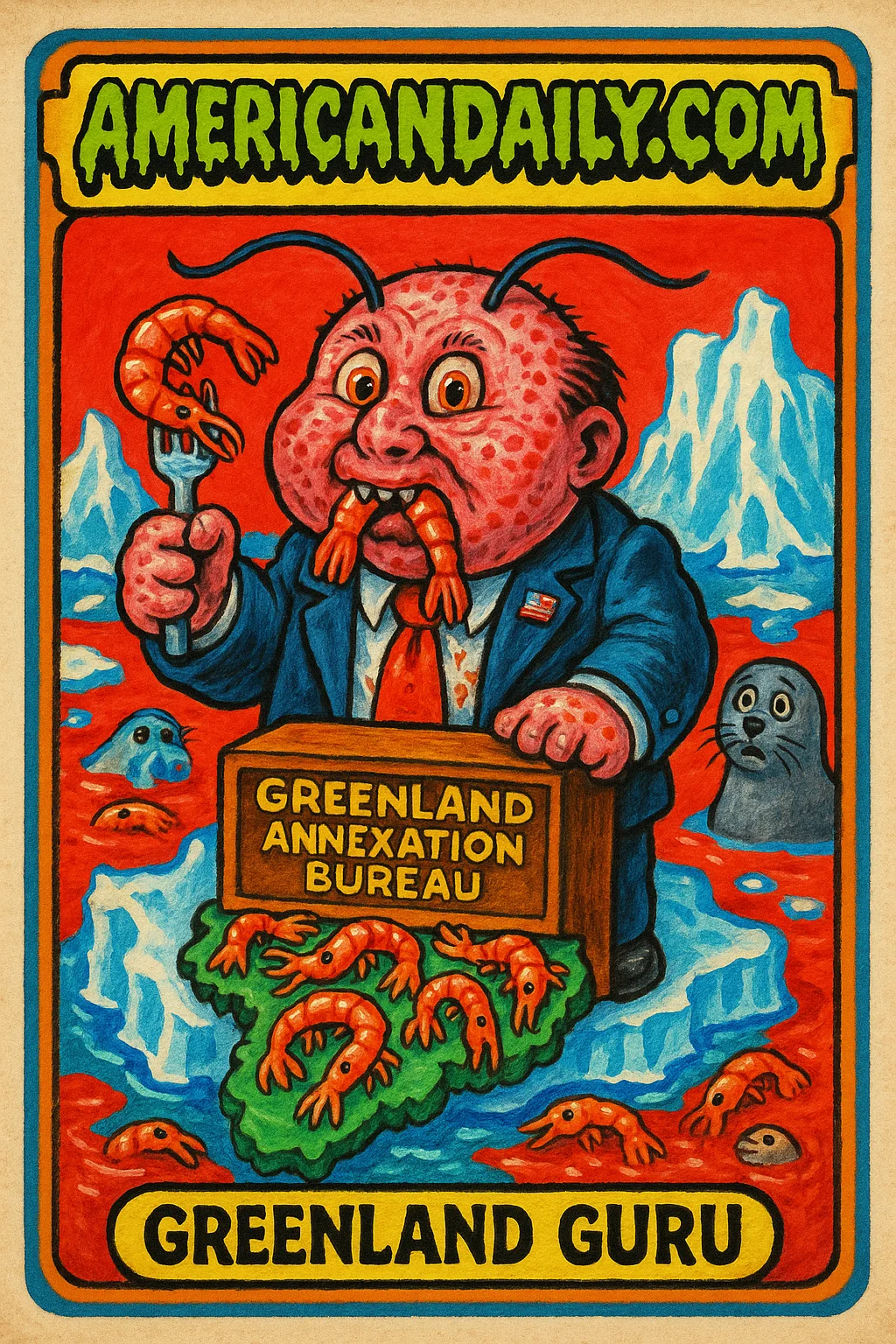 A trading card with 'Greenland Guru', depicting a U.S. official with a shrimp-shaped head and antennae, highlighting the bizarre proposal of annexing Greenland to save Red Lobster's shrimp.