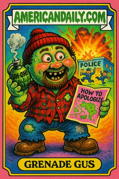 A grotesque cartoon of 'Grenade Gus', a crazed character with a massive head, holding a lit grenade in front of an exploding station.