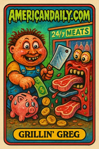 Grillin' Greg, a grotesque character with a cleaver, interacts hysterically with a meat-filled vending machine.