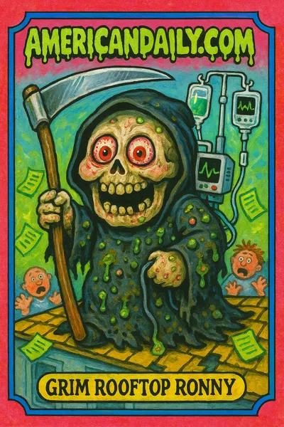 A grotesque Grim Reaper figure with massive skull head and bulging eyes on a tattered hospital rooftop, surrounded by cartoonishly panicked patients.