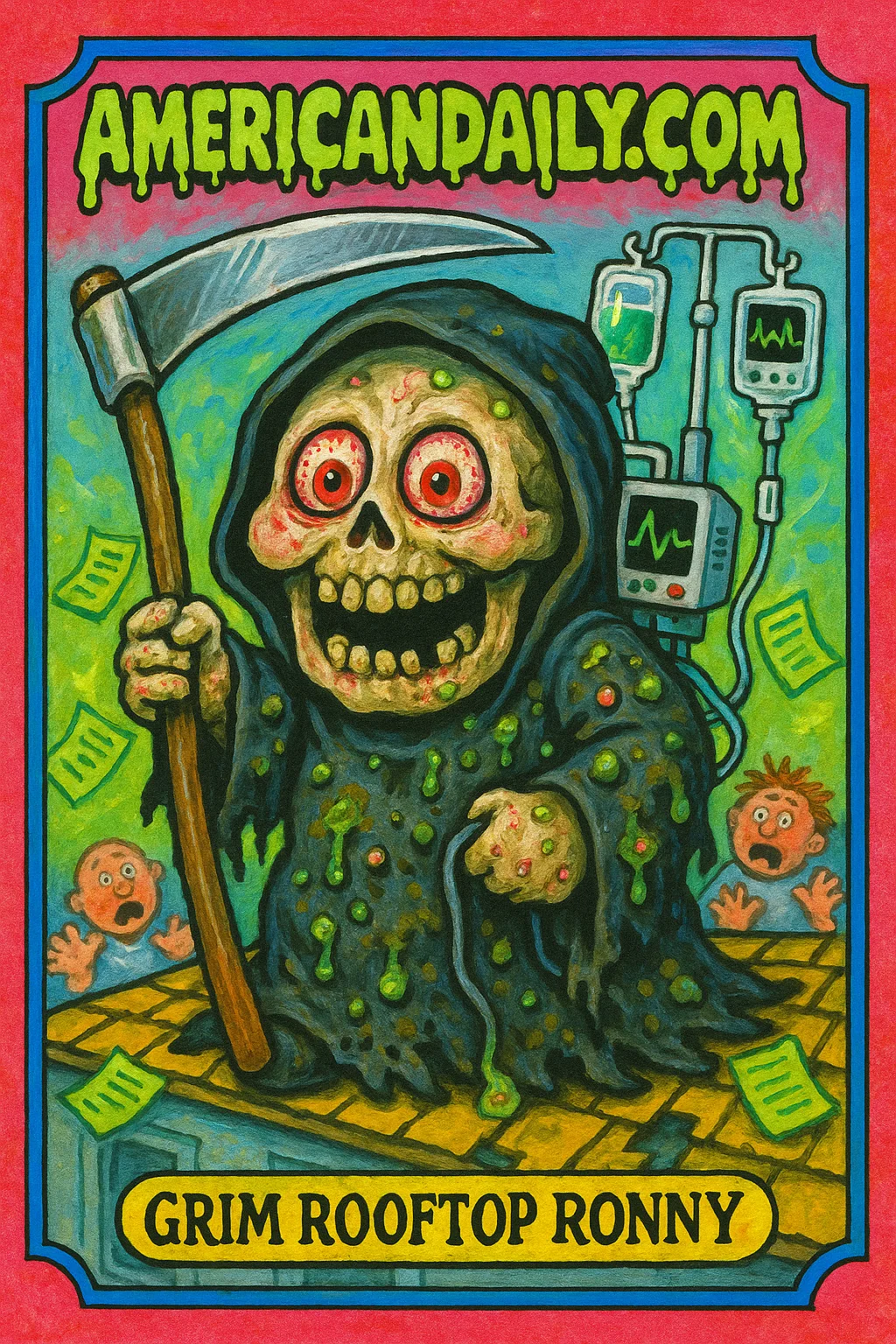 A grotesque Grim Reaper figure with massive skull head and bulging eyes on a tattered hospital rooftop, surrounded by cartoonishly panicked patients.