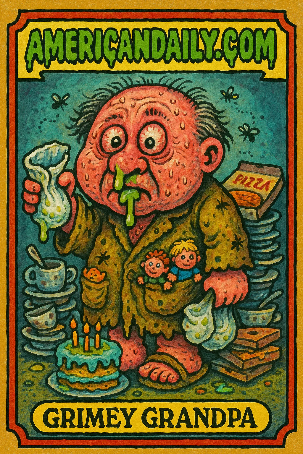 A grotesque character, 'Grimey Grandpa', with an exaggeratedly large head, greasy hair, and snot-dripping nose, stands in a filthy environment filled with junk representing neglect and chaos.