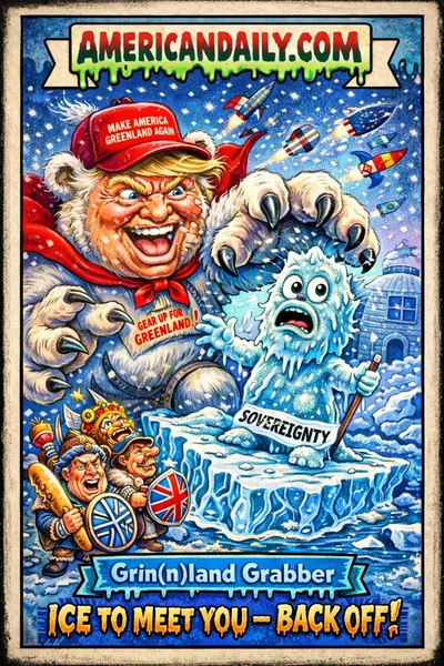 Grotesque trading card parody of Donald Trump as a polar bear reaching for Greenland while caricatured European leaders defend the icy territory in Garbage Pail Kids style.
