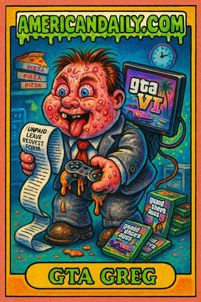 Grotesque office worker with gaming obsession holding giant unpaid leave request, surrounded by GTA 6 games and a buzzing screen.
