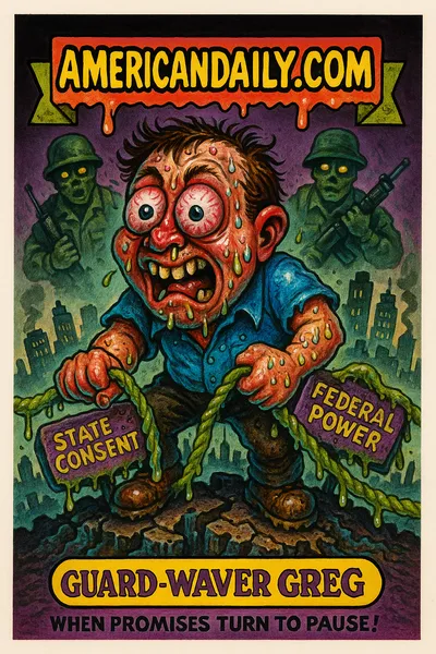 Caricature of Guard-Waver Greg holding two ropes labeled 'Federal Power' and 'State Consent' over Chicago skyline, banner 'AMERICANDAILY.COM', caption 'When Promises Turn to Pause!'